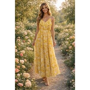 NWT Kaari Blue Yellow Maxi Sun Dress Ruffled Neckline Sz L Flowy Romantic Party